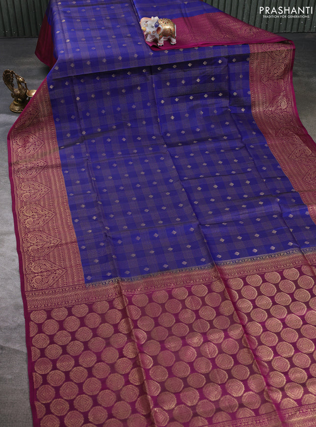 Kanchipuram soft silk saree peacock blue and magenta pink with allover checks & zari woven buttas and zari woven border
