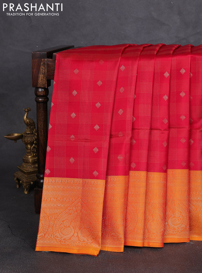 Kanchipuram soft silk saree red and sunset orange with allover checks & zari woven buttas and zari woven border