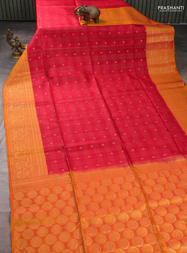 Kanchipuram soft silk saree red and sunset orange with allover checks & zari woven buttas and zari woven border