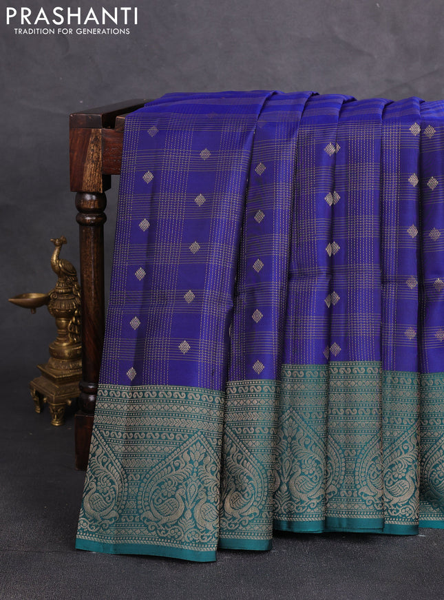 Kanchipuram soft silk saree peacock blue and peacock green with allover checks & zari woven buttas and zari woven border