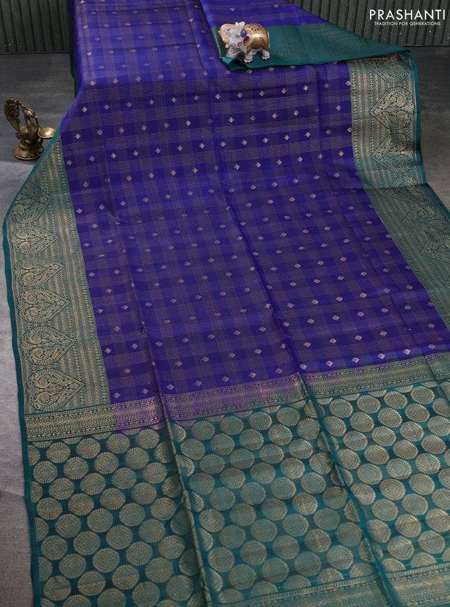 Kanchipuram soft silk saree peacock blue and peacock green with allover checks & zari woven buttas and zari woven border