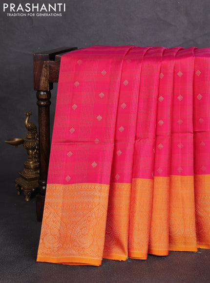 Kanchipuram soft silk saree pink and sunset orange with allover checks & zari woven buttas and zari woven border