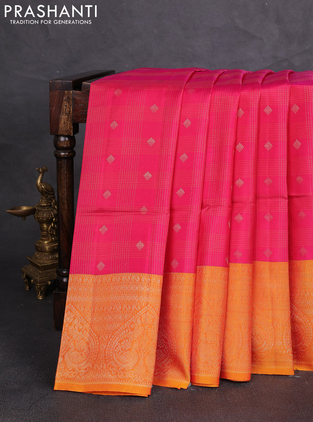 Kanchipuram soft silk saree pink and sunset orange with allover checks & zari woven buttas and zari woven border