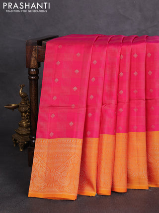 Kanchipuram soft silk saree pink and sunset orange with allover checks & zari woven buttas and zari woven border