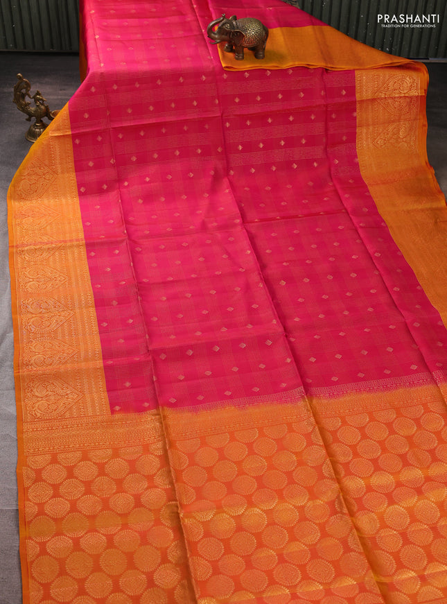 Kanchipuram soft silk saree pink and sunset orange with allover checks & zari woven buttas and zari woven border