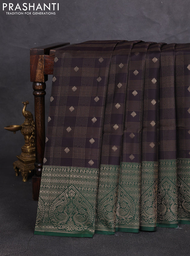 Kanchipuram soft silk saree black and bottle green with allover checks & zari woven buttas and long zari woven border
