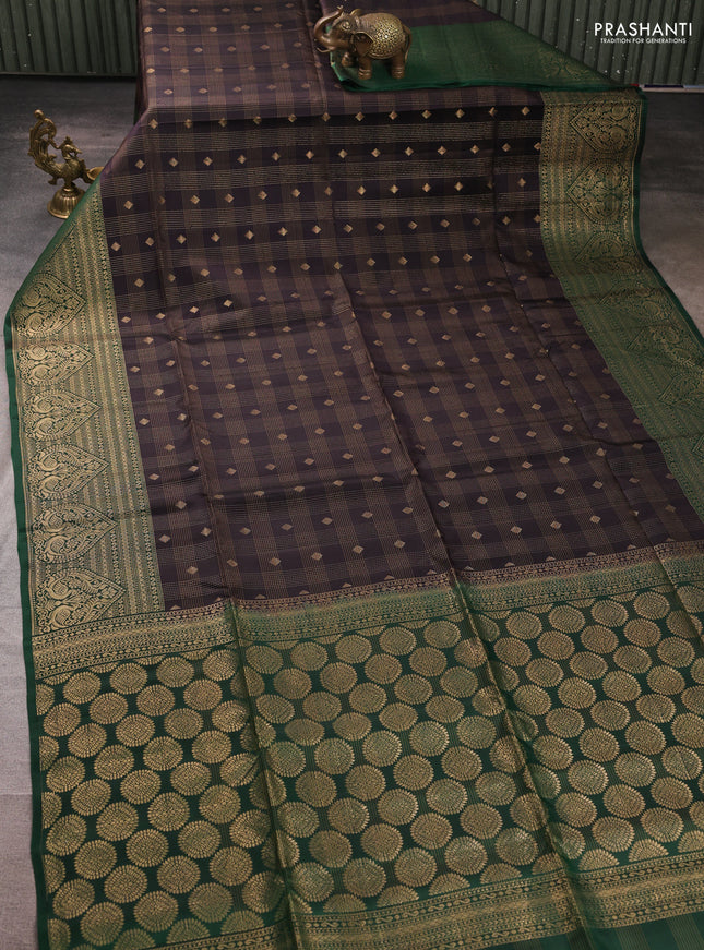 Kanchipuram soft silk saree black and bottle green with allover checks & zari woven buttas and long zari woven border