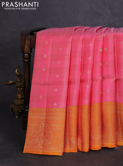 Kanchipuram soft silk saree peach pink and sunset orange with allover zari weaves & buttas and long zari woven border