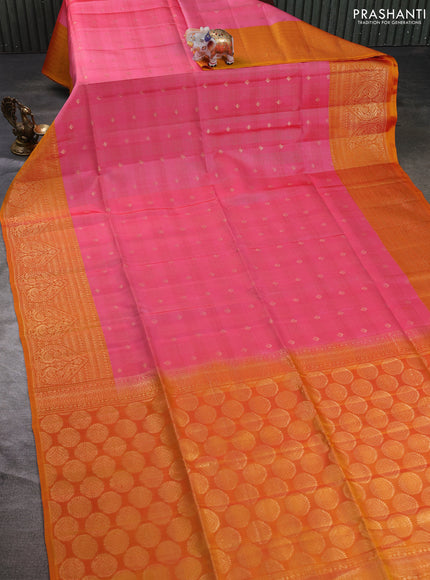 Kanchipuram soft silk saree peach pink and sunset orange with allover zari weaves & buttas and long zari woven border