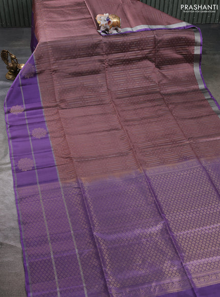 Kanchipuram soft silk saree rosy brown and lavender with allover silver & gold zari weaves and zari woven butta border