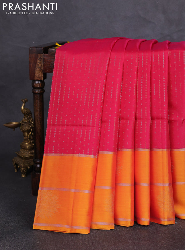 Kanchipuram soft silk saree tomato pink and sunset orange with allover silver & gold zari weaves and zari woven butta border
