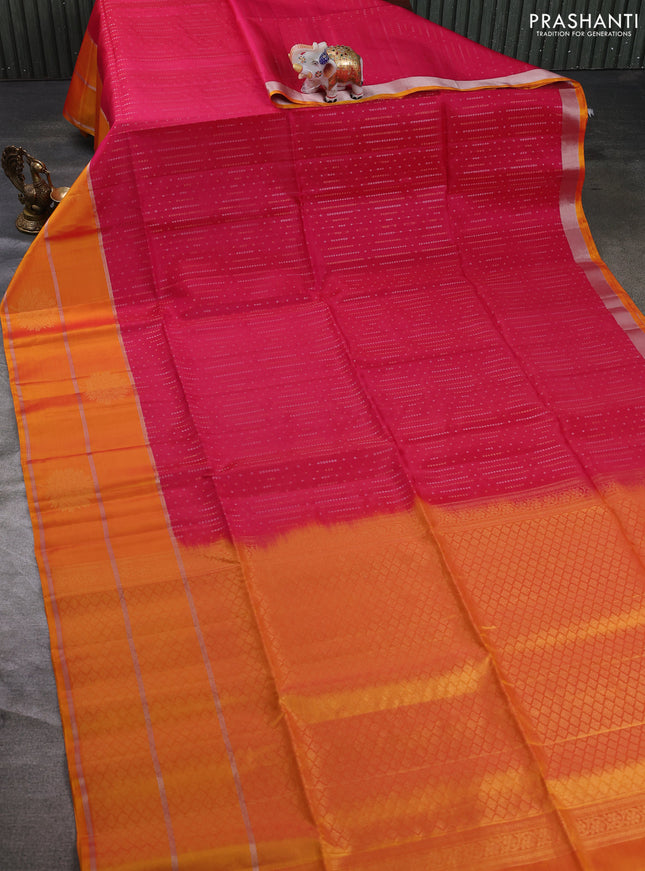 Kanchipuram soft silk saree tomato pink and sunset orange with allover silver & gold zari weaves and zari woven butta border