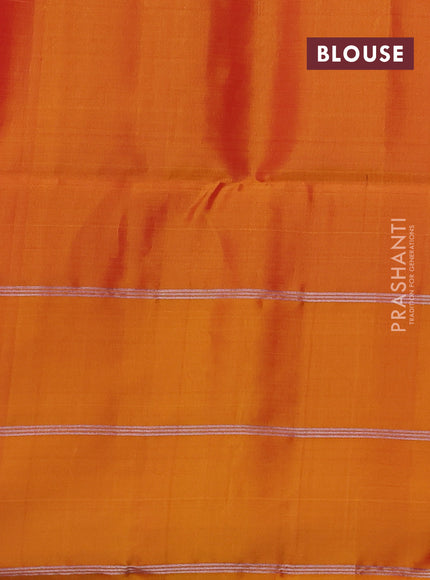 Kanchipuram soft silk saree tomato pink and sunset orange with allover silver & gold zari weaves and zari woven butta border