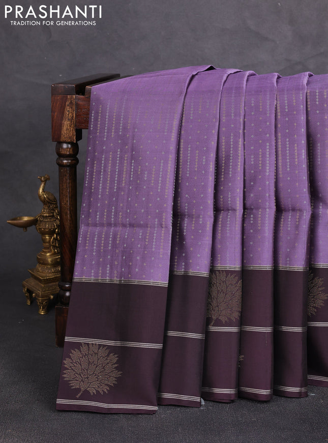 Kanchipuram soft silk saree lavender and deep wine with allover silver & gold zari weaves and long zari woven border