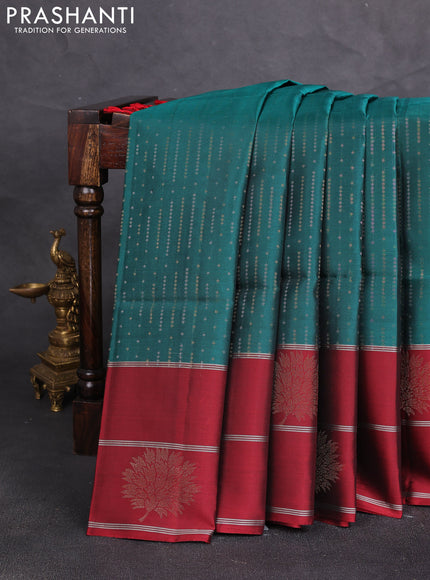 Kanchipuram soft silk saree peacock green and maroon with allover silver & gold zari weaves and long zari woven butta border