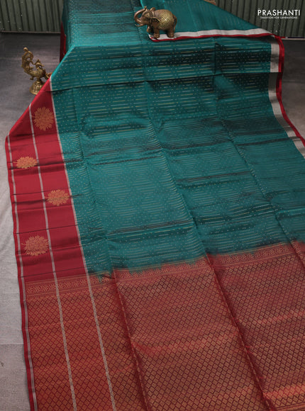 Kanchipuram soft silk saree peacock green and maroon with allover silver & gold zari weaves and long zari woven butta border