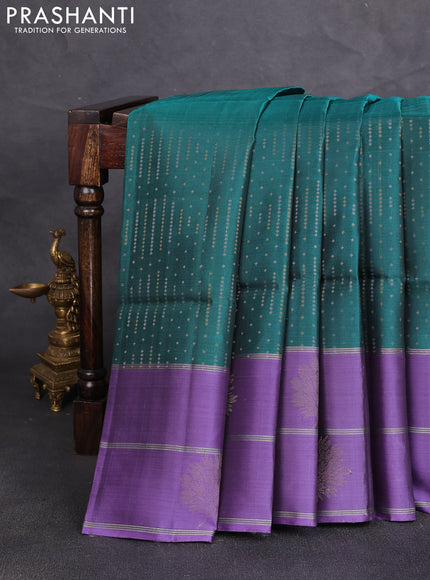 Kanchipuram soft silk saree teal green and lavender with allover silver & gold zari weaves and long zari woven butta border