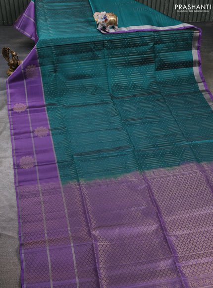Kanchipuram soft silk saree teal green and lavender with allover silver & gold zari weaves and long zari woven butta border