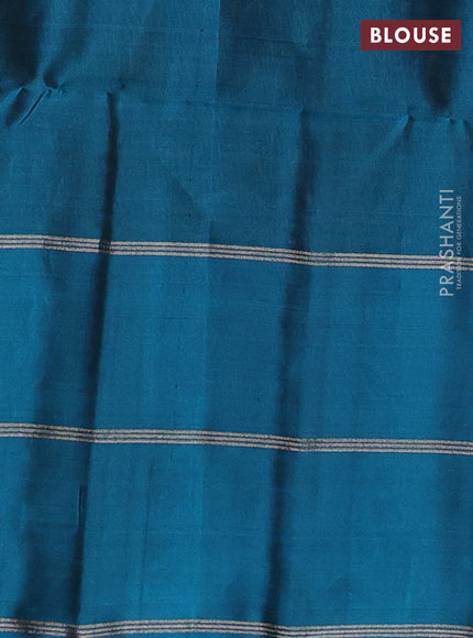 Kanchipuram soft silk saree mustard green and peacock blue with allover silver & gold zari weaves and long zari woven butta border