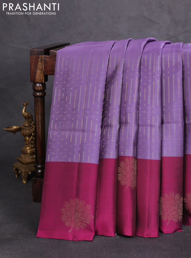 Kanchipuram soft silk saree lavender and pink with allover silver & gold zari weaves and long zari woven butta border