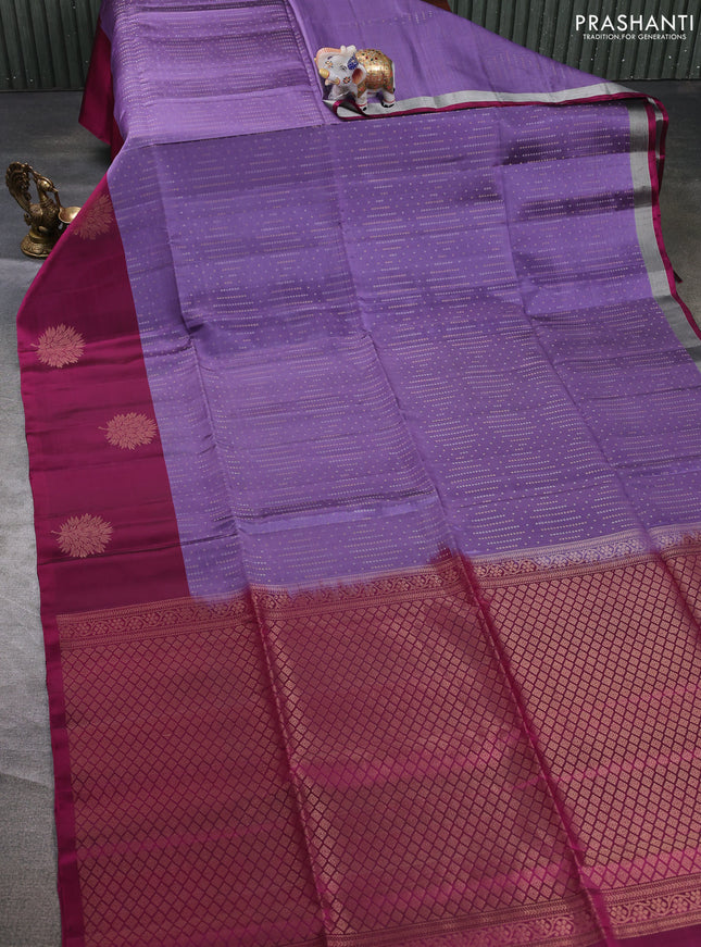 Kanchipuram soft silk saree lavender and pink with allover silver & gold zari weaves and long zari woven butta border