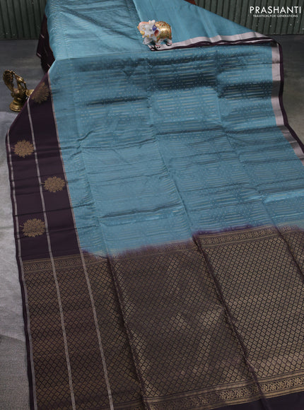 Kanchipuram soft silk saree bluish green and deep wine with allover silver & gold zari weaves and long zari woven butta border
