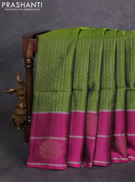 Kanchipuram soft silk saree mehendi green and magenta pink with allover silver & gold zari weaves and long zari woven butta border