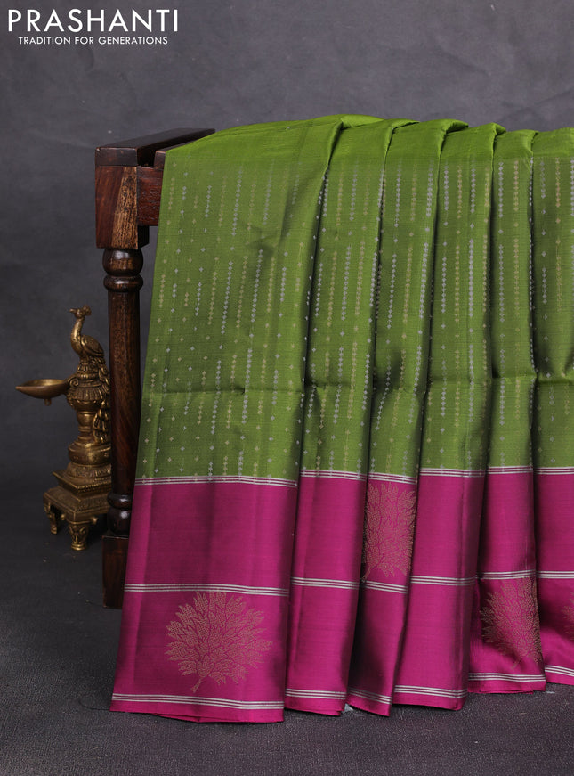 Kanchipuram soft silk saree mehendi green and magenta pink with allover silver & gold zari weaves and long zari woven butta border