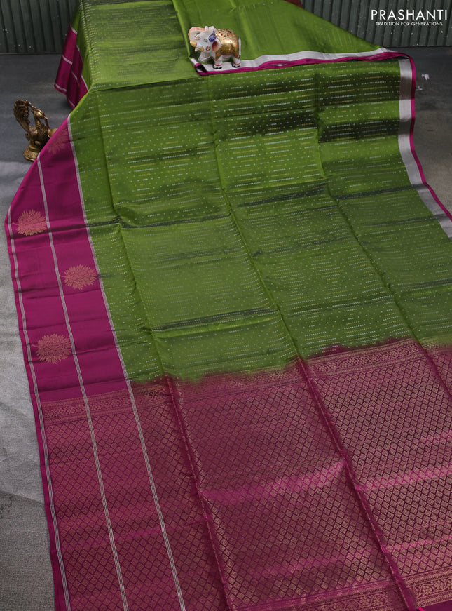 Kanchipuram soft silk saree mehendi green and magenta pink with allover silver & gold zari weaves and long zari woven butta border