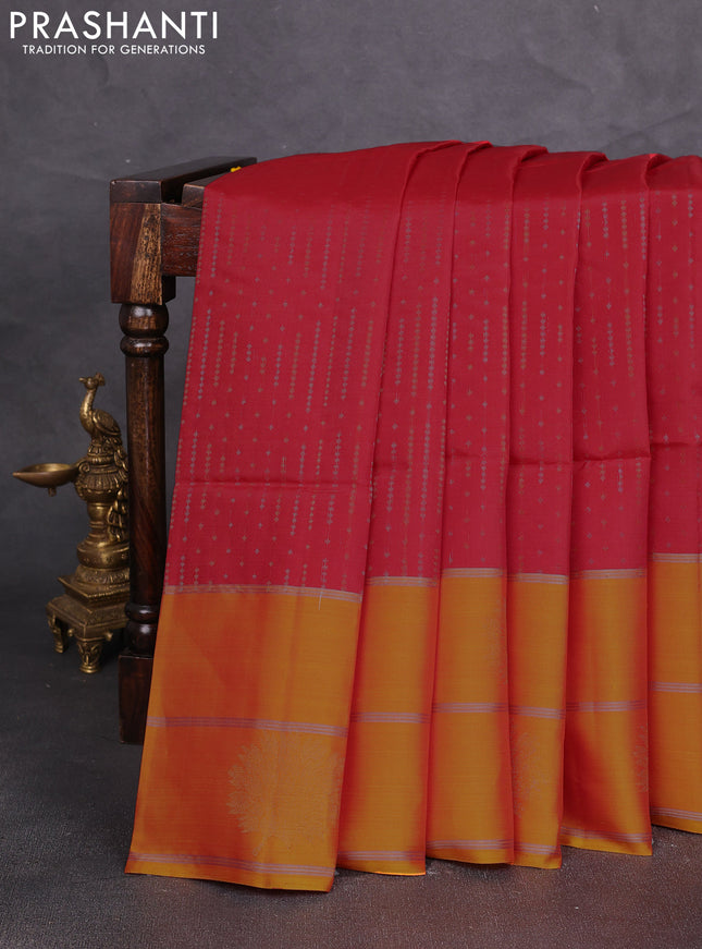 Kanchipuram soft silk saree red and sunset orange with allover silver & gold zari weaves and long zari woven butta border