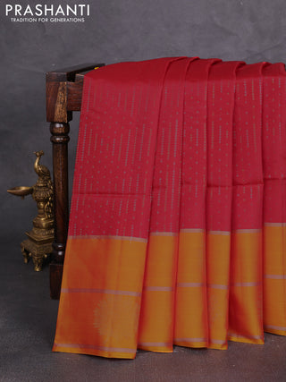 Kanchipuram soft silk saree red and sunset orange with allover silver & gold zari weaves and long zari woven butta border