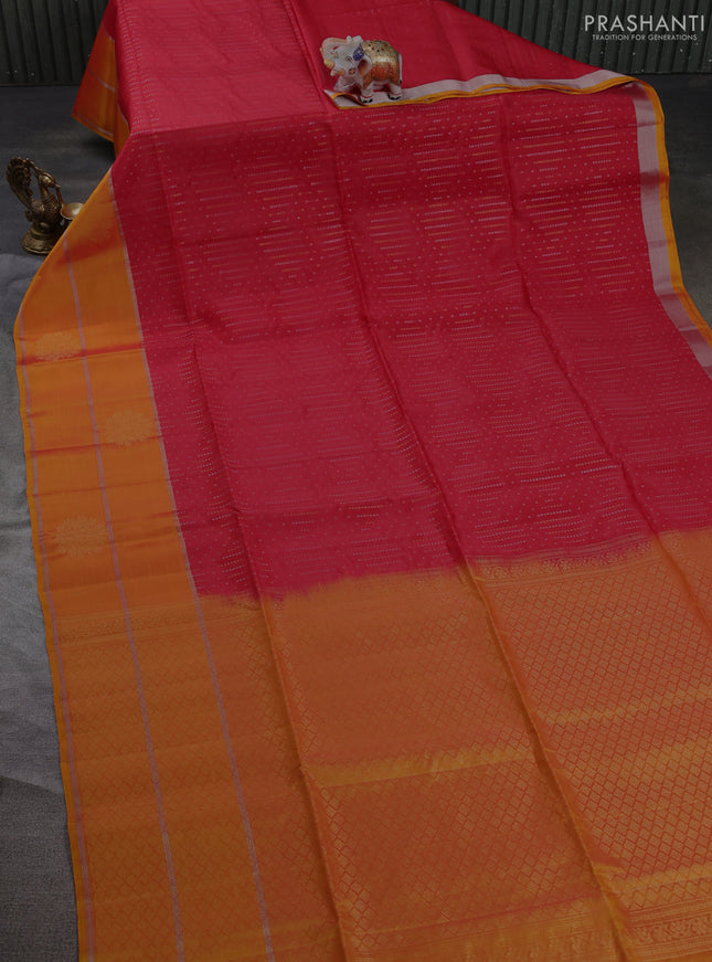 Kanchipuram soft silk saree red and sunset orange with allover silver & gold zari weaves and long zari woven butta border