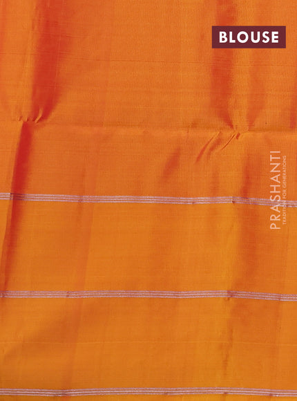 Kanchipuram soft silk saree red and sunset orange with allover silver & gold zari weaves and long zari woven butta border
