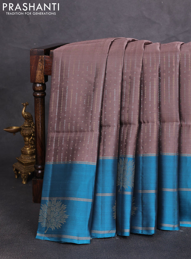 Kanchipuram soft silk saree rosy brown and peacock blue with allover silver & gold zari weaves and long zari woven butta border