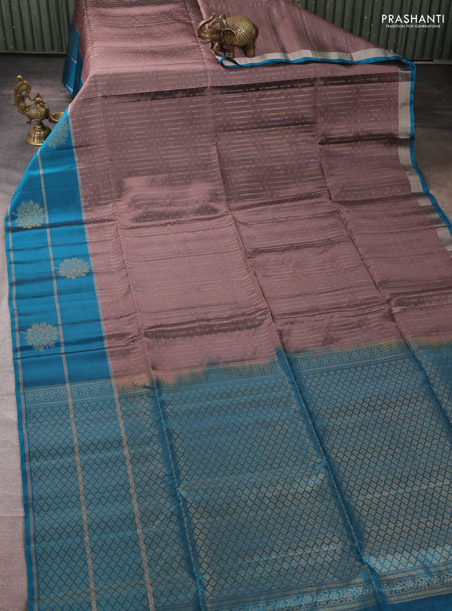 Kanchipuram soft silk saree rosy brown and peacock blue with allover silver & gold zari weaves and long zari woven butta border
