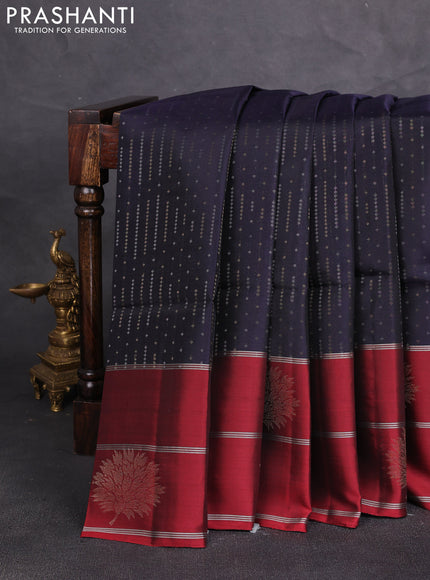 Kanchipuram soft silk saree navy blue and maroon with allover silver & gold zari weaves and long zari woven butta border