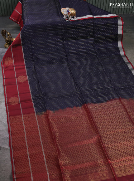 Kanchipuram soft silk saree navy blue and maroon with allover silver & gold zari weaves and long zari woven butta border