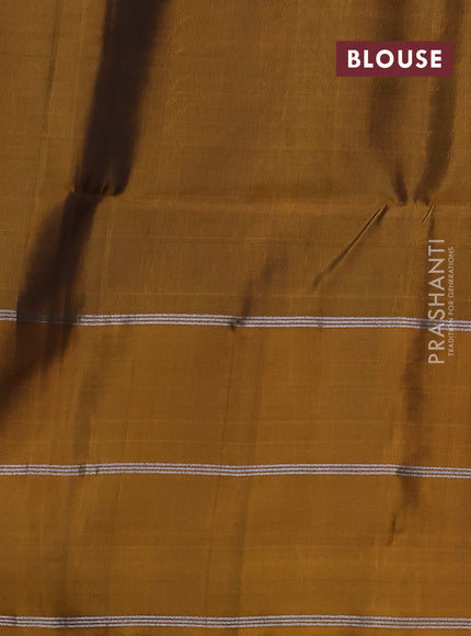 Kanchipuram soft silk saree magenta pink and mustard yellow with allover silver & gold zari weaves and long zari woven butta border