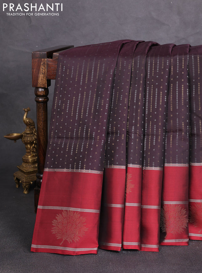 Kanchipuram soft silk saree coffee brown and maroon with allover silver & gold zari weaves and long zari woven butta border