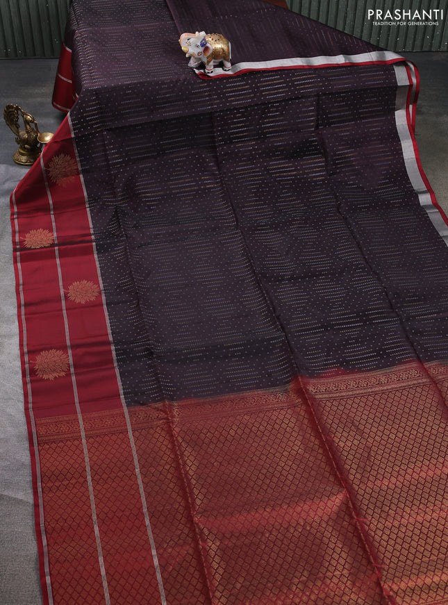 Kanchipuram soft silk saree coffee brown and maroon with allover silver & gold zari weaves and long zari woven butta border