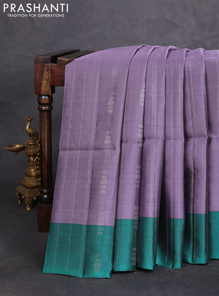 Kanchipuram soft silk saree rosy brown and teal green with allover silver zari weaves and zari woven border