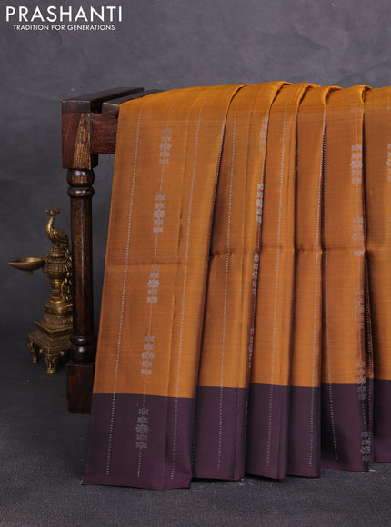 Kanchipuram soft silk saree dark mustard and deep wine with allover silver zari weaves and zari woven border