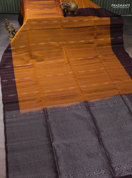 Kanchipuram soft silk saree dark mustard and deep wine with allover silver zari weaves and zari woven border