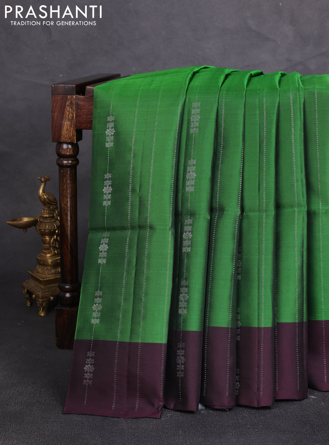 Kanchipuram soft silk saree green and deep wine with allover silver zari weaves and zari woven border