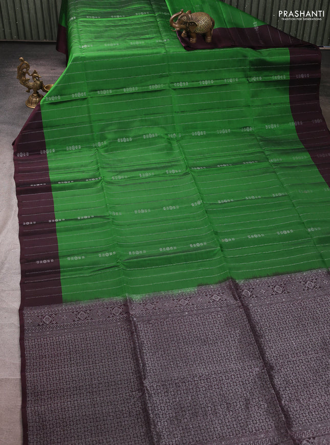 Kanchipuram soft silk saree green and deep wine with allover silver zari weaves and zari woven border