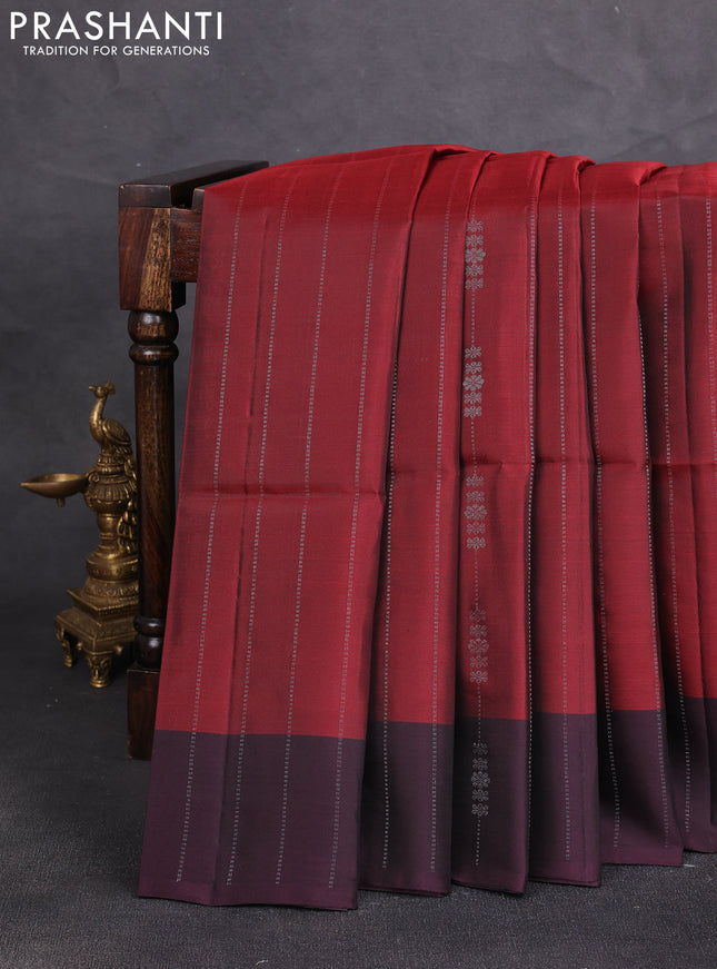 Kanchipuram soft silk saree deep maroon and deep wine with allover silver zari weaves and zari woven border