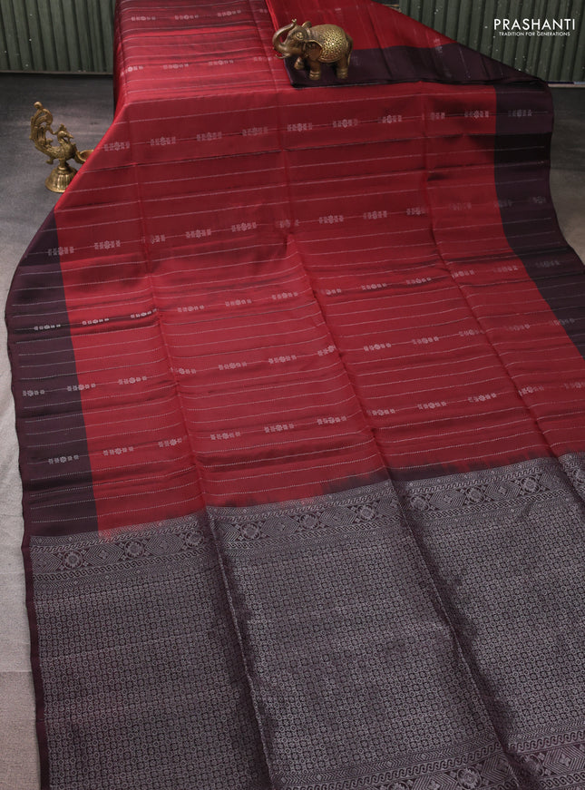 Kanchipuram soft silk saree deep maroon and deep wine with allover silver zari weaves and zari woven border