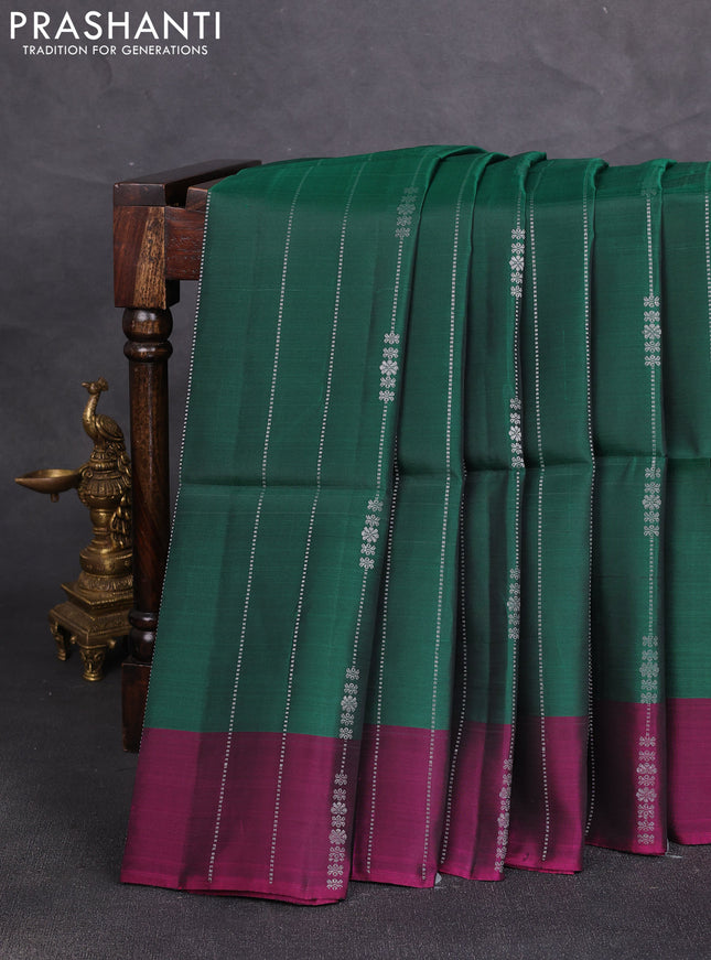 Kanchipuram soft silk saree green and magenta pink with allover silver zari weaves and zari woven border