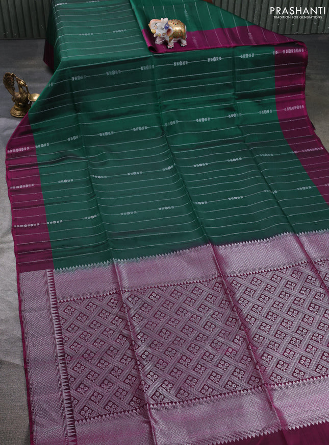 Kanchipuram soft silk saree green and magenta pink with allover silver zari weaves and zari woven border