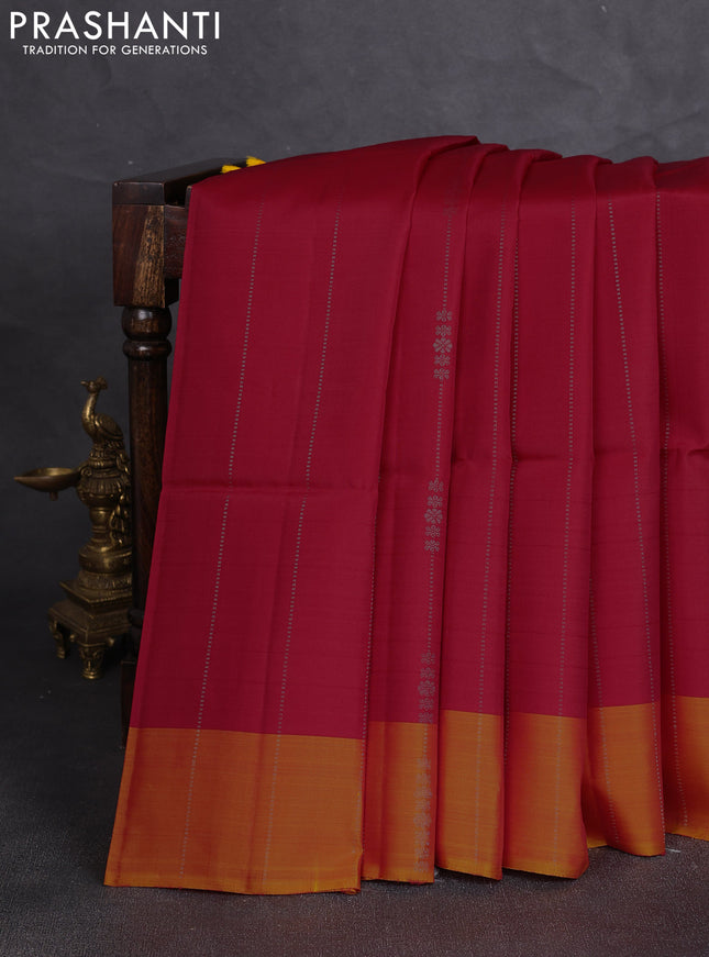 Kanchipuram soft silk saree red and sunset orange with allover silver zari weaves and zari woven border